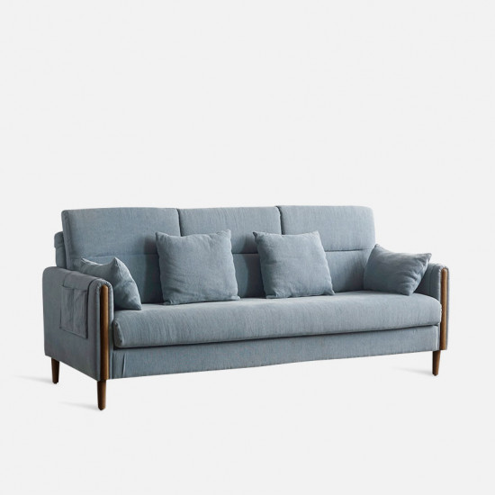 Macaron Sofa II, Walnut with Blue Fabric