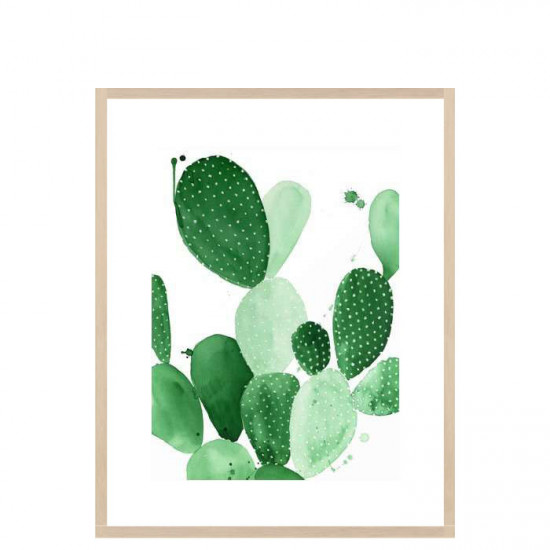 Green Paddle Cactus II, Large, Ash Wood Framed