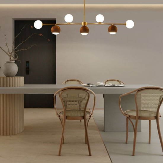 Walnut Brass Chandelier, 7 bulbs, Adjustable LED