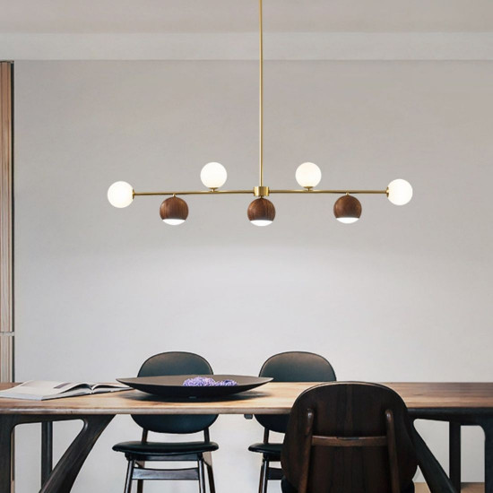 Walnut Brass Chandelier, 7 bulbs, Adjustable LED