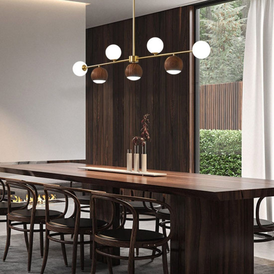 Walnut Brass Chandelier, 7 bulbs, Adjustable LED