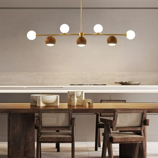 Walnut Brass Chandelier, 7 bulbs, Adjustable LED