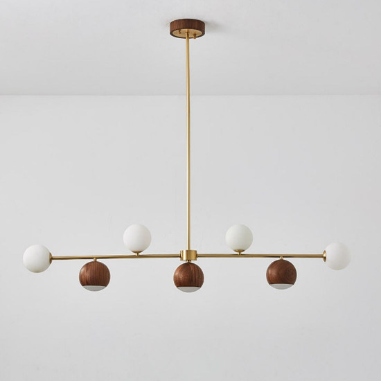 Walnut Brass Chandelier, 7 bulbs, Adjustable LED