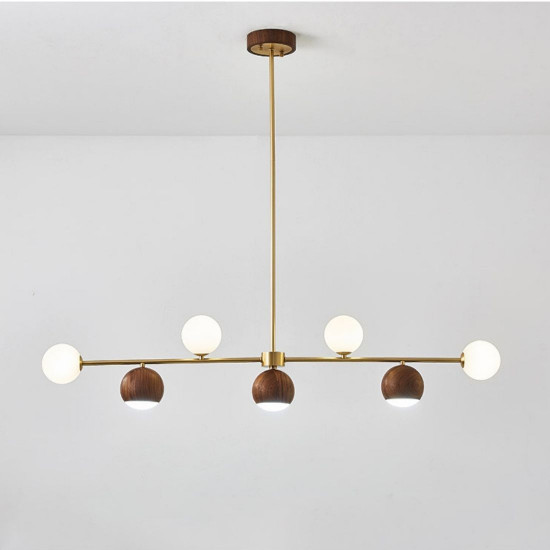 Walnut Brass Chandelier, 7 bulbs, Adjustable LED 