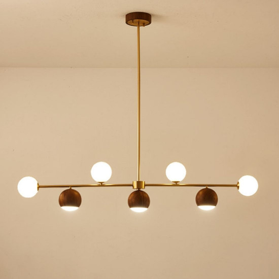 Walnut Brass Chandelier, 7 bulbs, Adjustable LED