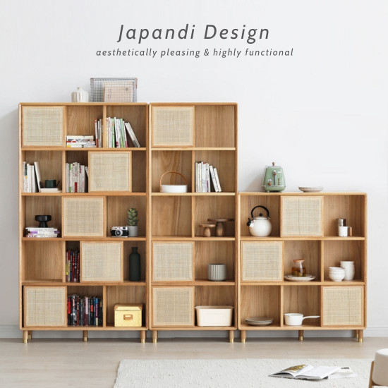 ELGIN Square Bookshelf with rattan door Oak 3 5