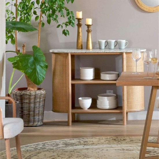 OAKI Rattan Sideboard with Terrazzo Top, Walnut Brown OAKI Rattan Sideboard with Terrazzo Top, Walnut Brown