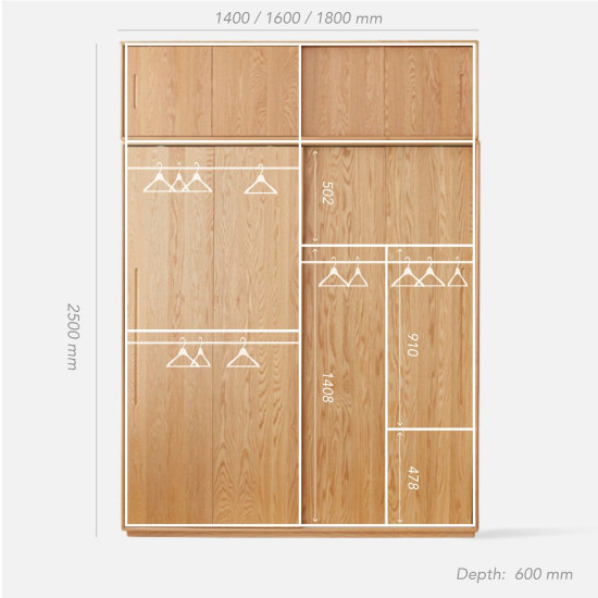 DOLCH Wardrobe with sliding doors, with top cabinet, L140-180